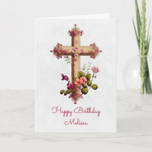 Carte Elégante Croix en bois aux fleurs roses Anniversai