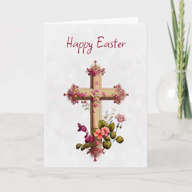 Carte Elégante Croix en bois aux fleurs roses Pâques (Devant)
