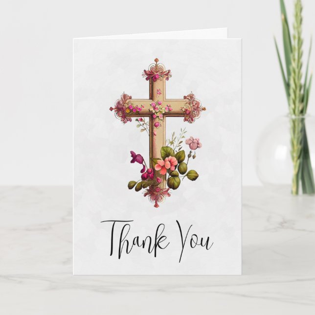 Carte Elégante Croix en bois avec Merci de fleurs roses (Devant)