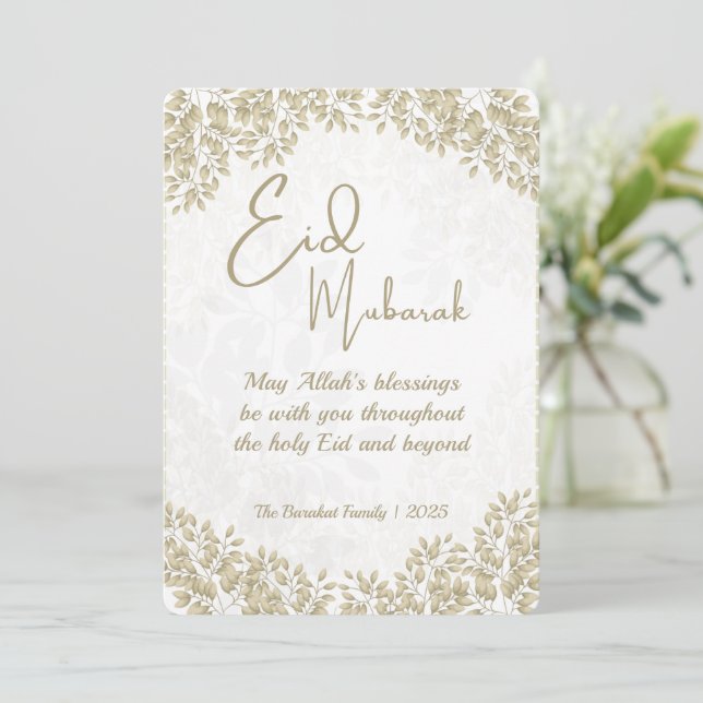 Carte élégante de l'Aïd blanc et gris Fleurs Joyeu (Debout devant)