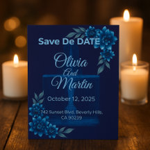 Carte Élégante de Mariage Fleurie Bleue "Save the