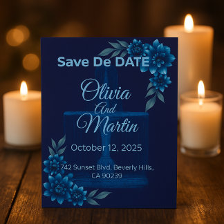 Carte Élégante de Mariage Fleurie Bleue "Save the