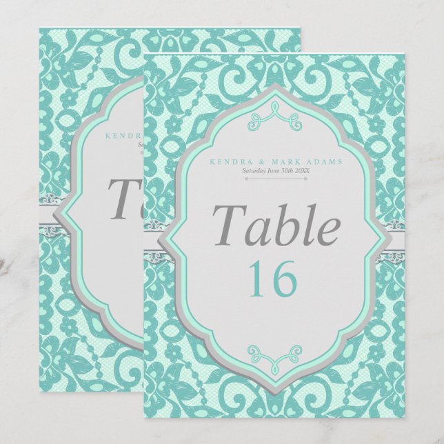 Carte élégante de numéro de table Menthe et Grise (Devant / Derrière)
