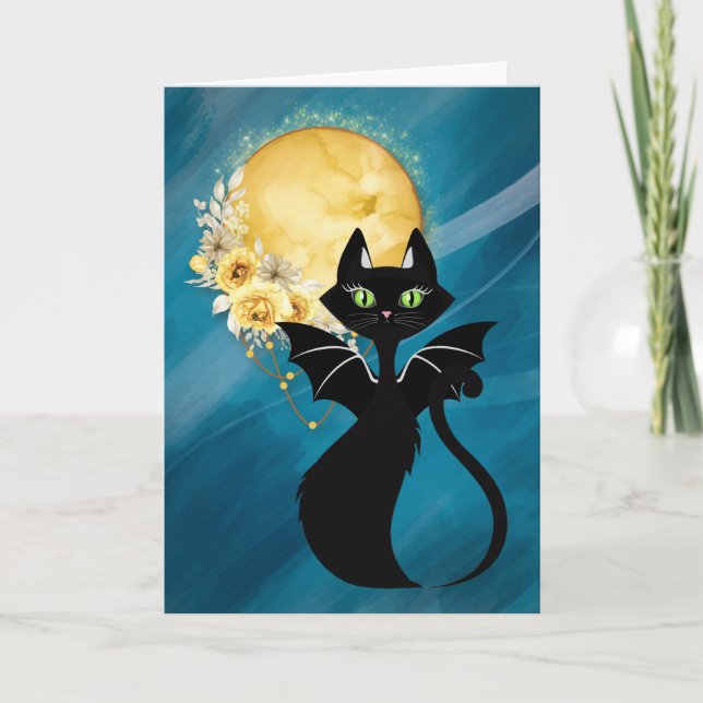 Carte élégante d'Halloween Chat Noir | Chauve-sour (Devant)