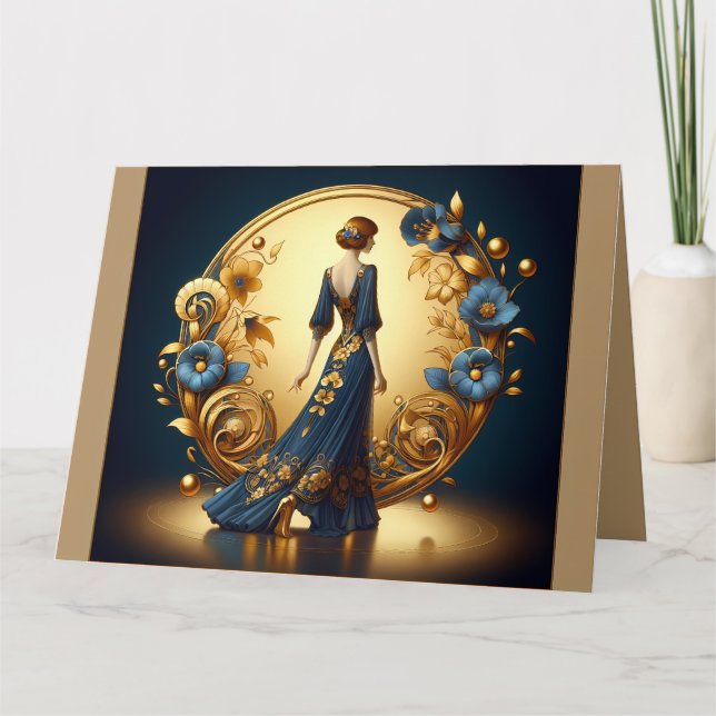 Carte Elégante femme Art Déco en Or et Bleu (Devant)