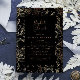 Carte Elégante Fête des mariées florale Faux Black Gold