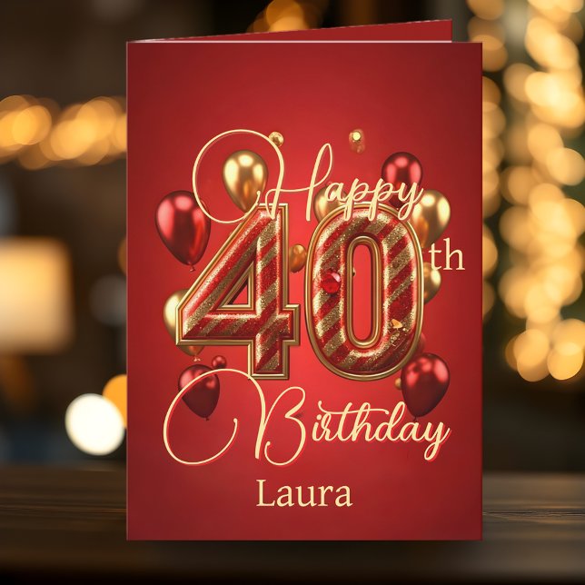 Carte Elégante fête du 40e anniversaire rouge et or (Créateur téléchargé)