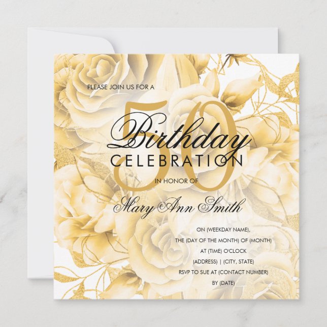 Carte Élégante fête du 50e anniversaire Floral Gold (Devant)