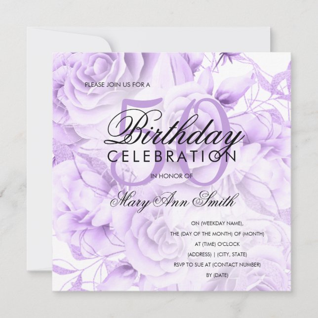 Carte Élégante fête du 50e anniversaire Floral violet bl (Devant)