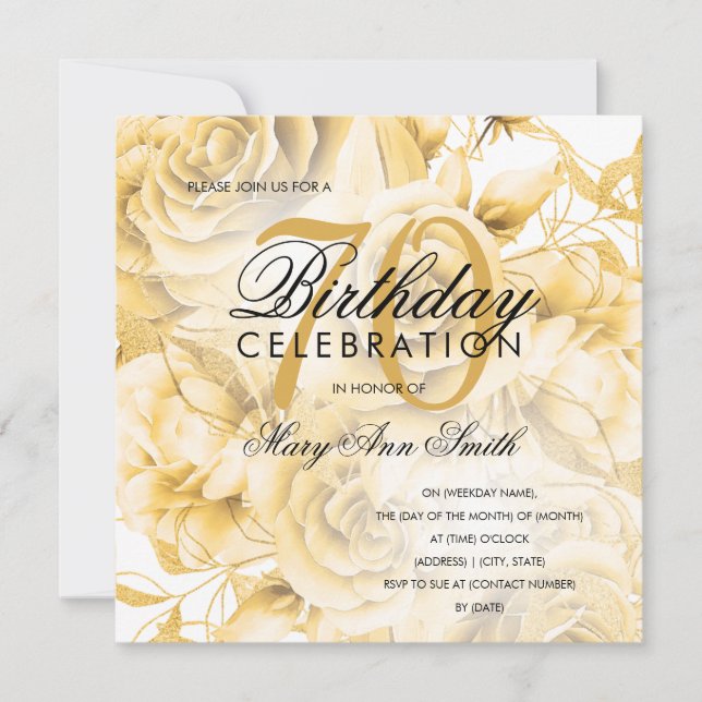 Carte Élégante fête du 70e anniversaire Floral Gold (Devant)