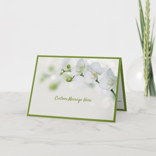 Carte Elégante Fleurs d'Orchidées Blanches Basses Vertes (Devant)