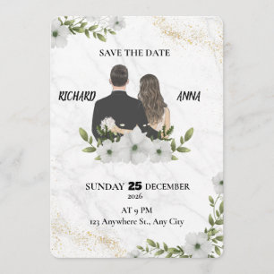 Carte Élégante Fleurs Mariage Save the Date 