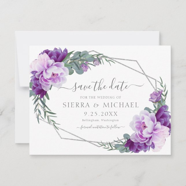 Carte Élégante florale d'argent violet Enregistrer le Ma (Devant)