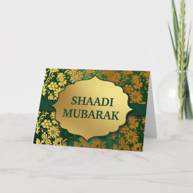 Carte Élégante Flore verte et or Shaadi Mubarak (Devant)