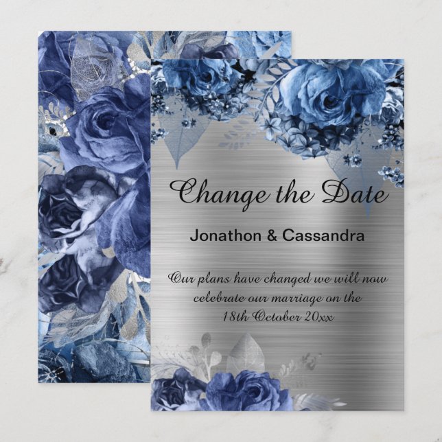 CARTE ÉLÉGANTE FRONTIÈRE FLORALE BLEU EN ARGENT MODIFIER (Devant / Derrière)