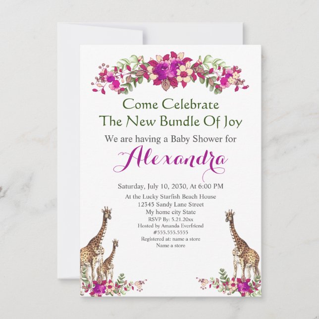 Carte Elégante Giraffe rose Floral Baby shower invitatio (Devant)