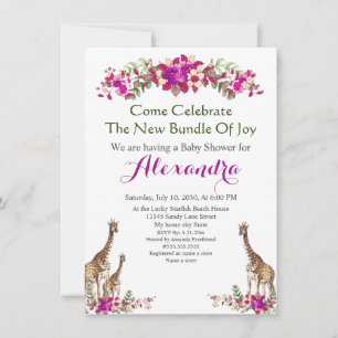 Carte Elégante Giraffe rose Floral Baby shower invitatio