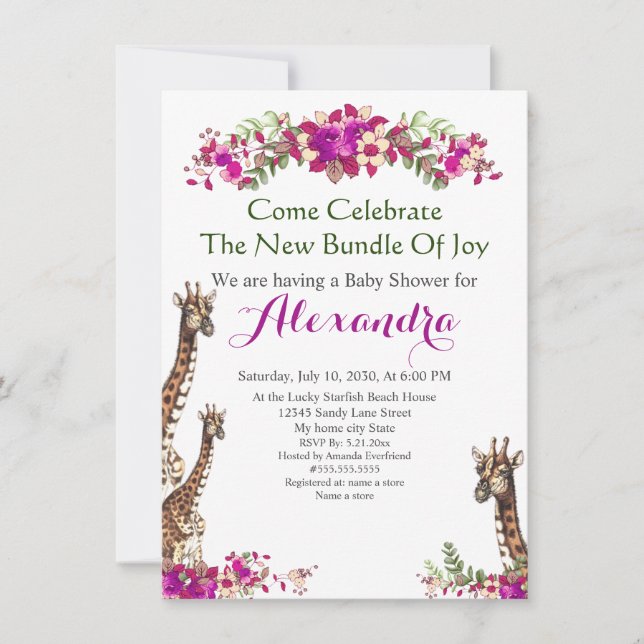 Carte Elégante Giraffe rose Floral Baby shower invitatio (Devant)
