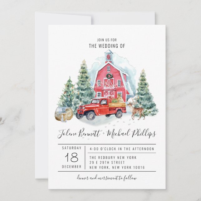 Carte Élégante grange d'hiver | Mariage aquarelle (Devant)