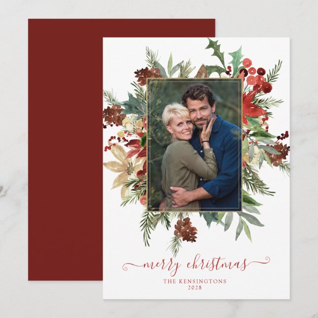 Carte Elégante hiver Floral Gold Foil Photo de Noël (Devant / Derrière)