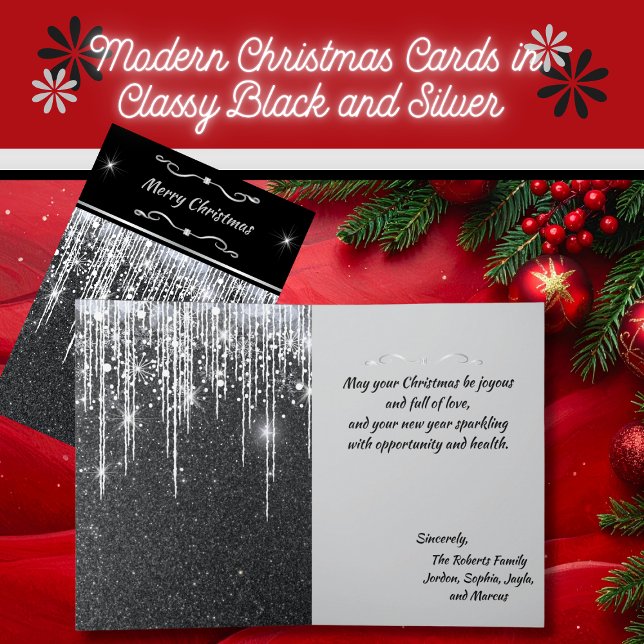 Carte Elegante note de script à paillettes noires et arg (Elegant 5" x 7" sparkly silver and black Christmas cards with personalized greeting and message)