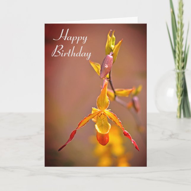 Carte Elégante Orange Jaune Orchidée Fleur Joyeux Annive (Devant)