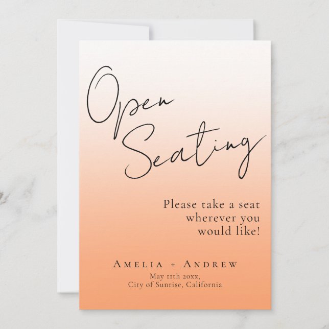 Carte Elégante Pêche Orange Fuzz Mariage Siège ouvert (Devant)