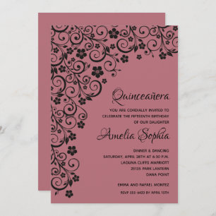Carte Elégante Quincañera Black & Rose Gold Swirls