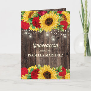 Carte Elégante Roses Rouges Tournesols Quinceañera