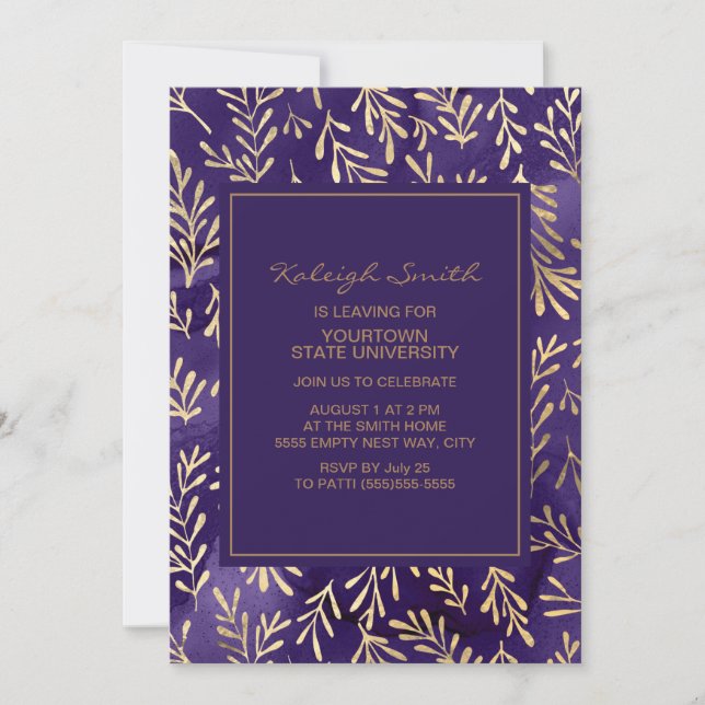 Carte Élégante Soirée Feuille Trunk  Purple Gold (Devant)