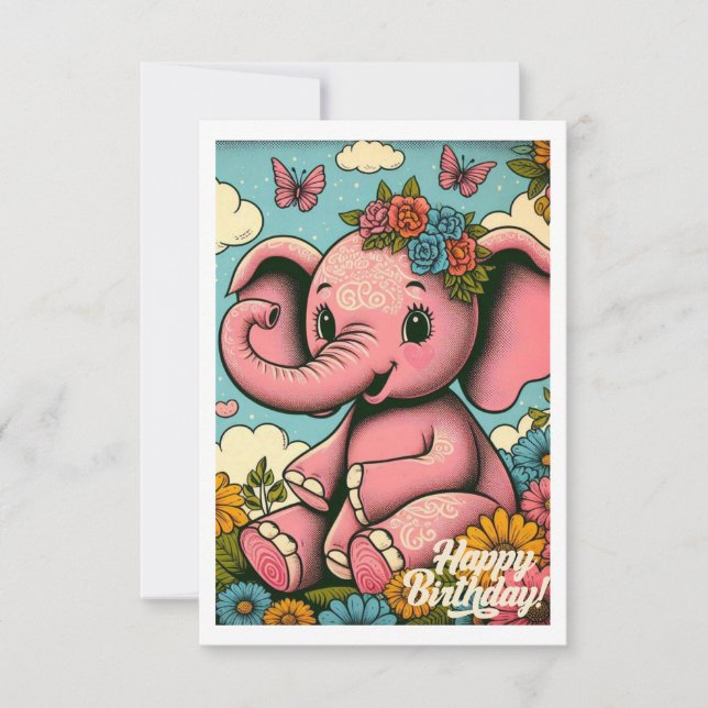 Carte Éléphant 1er anniversaire Vintage Boho (Devant)
