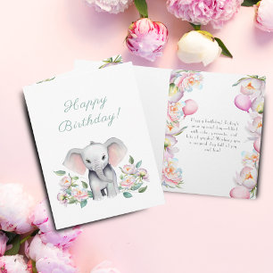 Carte Éléphant Bébé Avec Pivoines & Ballons Anniversaire