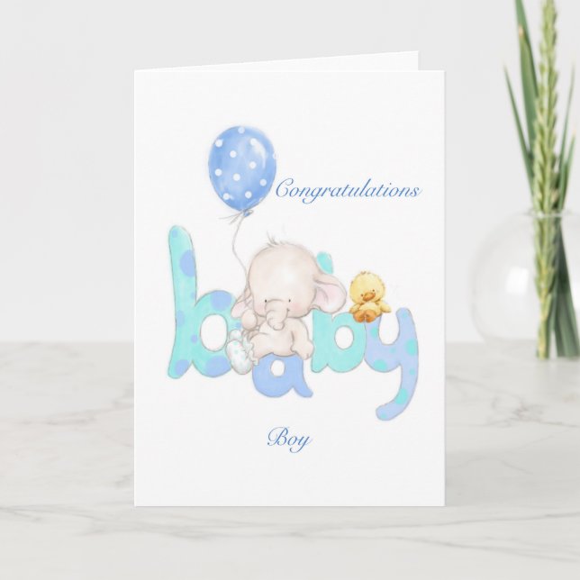 Carte Éléphant bébé garçon avec ballon, félicitations (Devant)
