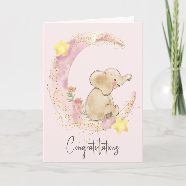 Carte Eléphant Bébé Sur Lune Rose (Devant)