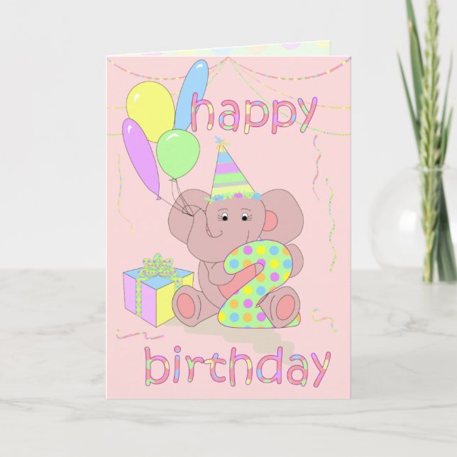 Carte Eléphant de 2ème anniversaire pour les filles (Devant)