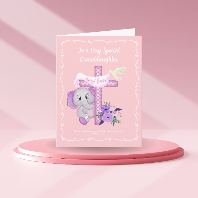 Carte Éléphant de bébé rose avec colombe et baptême de c (Créateur téléchargé)