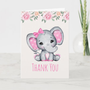 Carte Eléphant de bébé rose et Merci frontalier Rose