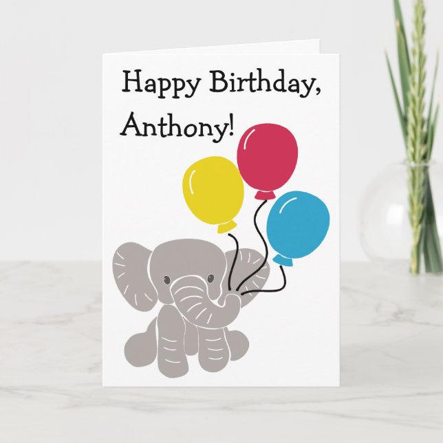 Carte Eléphant de dessin mignon avec ballons Personnalis (Devant)
