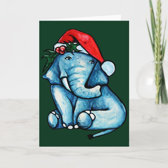 Carte Éléphant de Noël mignon chapeau de Père Noël (Devant)