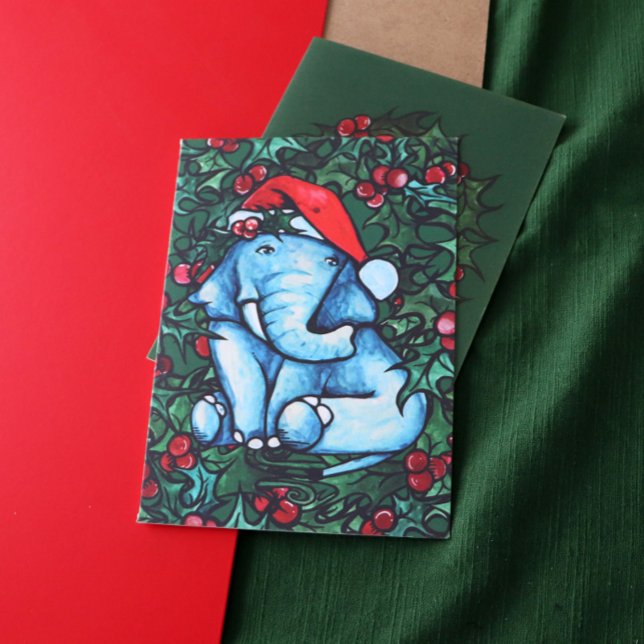 Carte Éléphant de Noël Yule avec houx (Créateur téléchargé)