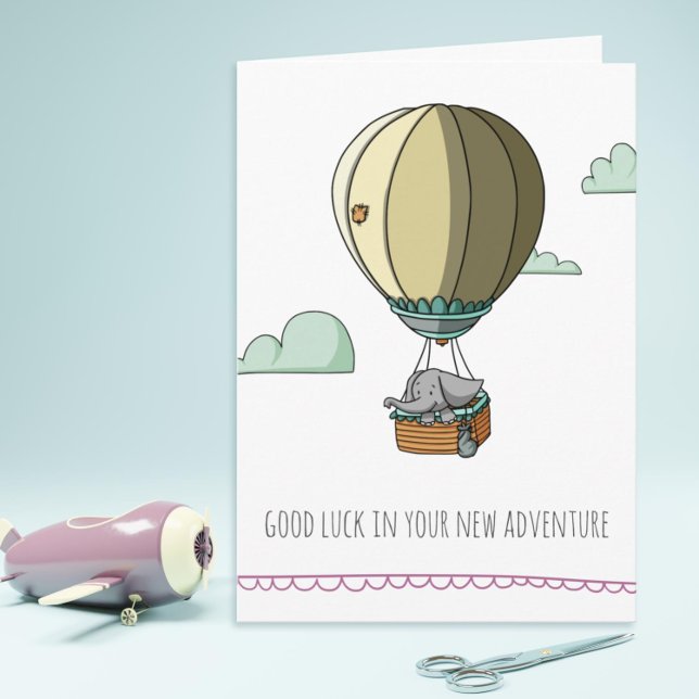 Carte Eléphant mignon dans un ballon chaud Bonne chance  (Cute farewell card with an elephant in a hot air balloon by Kinda Cute by Patricia Alvarez)