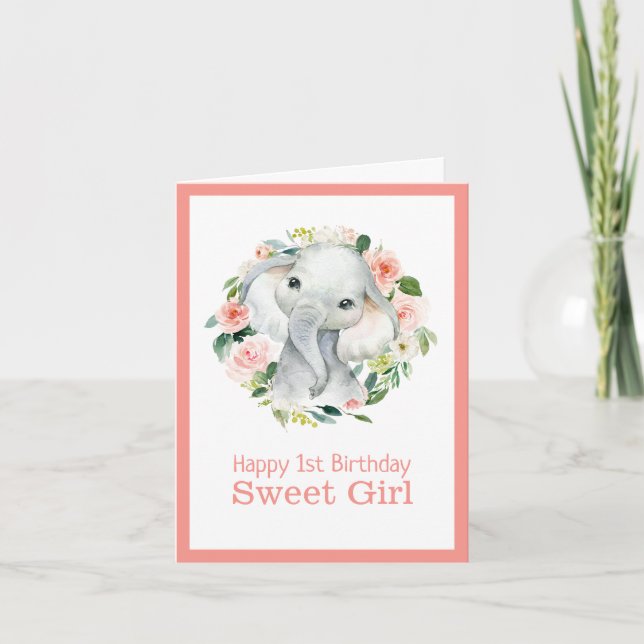 Carte Eléphant mignon Floral 1er anniversaire pour fille (Devant)
