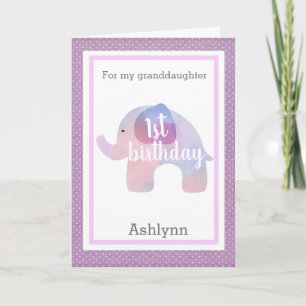 Carte Eléphant pourpre 1er anniversaire petite-fille