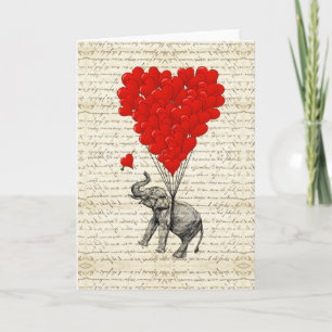 Carte Éléphant romantique et ballons en forme de cœur