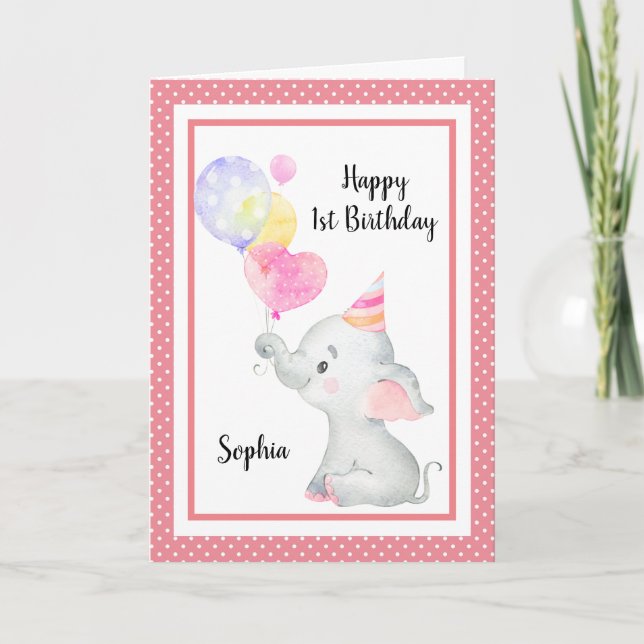 Carte Éléphant Rose Bébé Fille Anniversaire Mignon Perso (Devant)