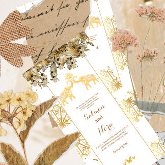 Carte Eléphants au henné blanc or Inde Mariage invité