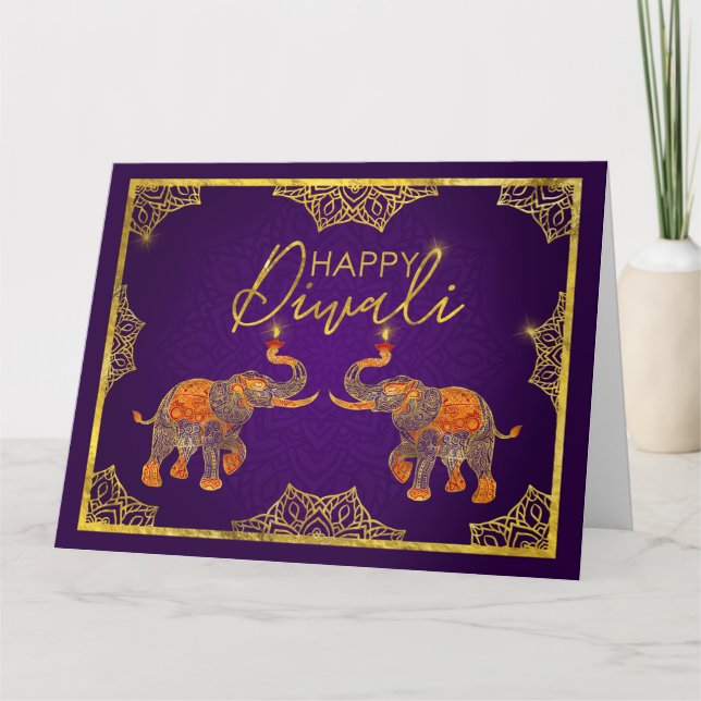 Carte Eléphants or et violet Joyeux Diwali Card (Devant)