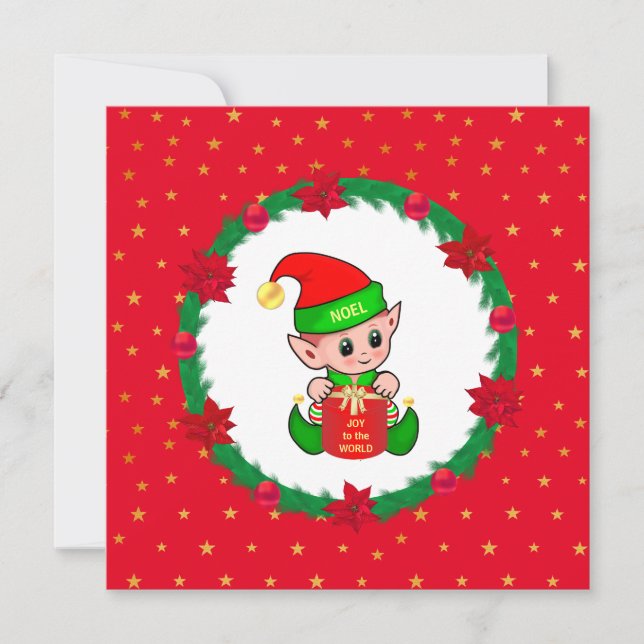 Carte elfe de Noël, couronne de pin, poinsettias & étoil (Devant)