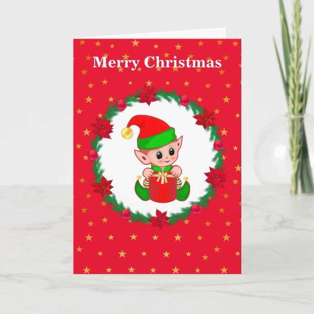 Carte Elfe de Noël mignonne, couronne de pin et étoiles (Devant)