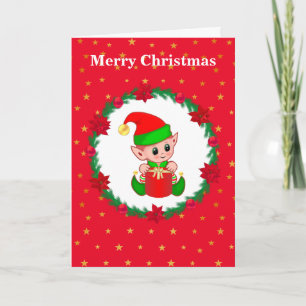 Carte Elfe de Noël mignonne, couronne de pin et étoiles